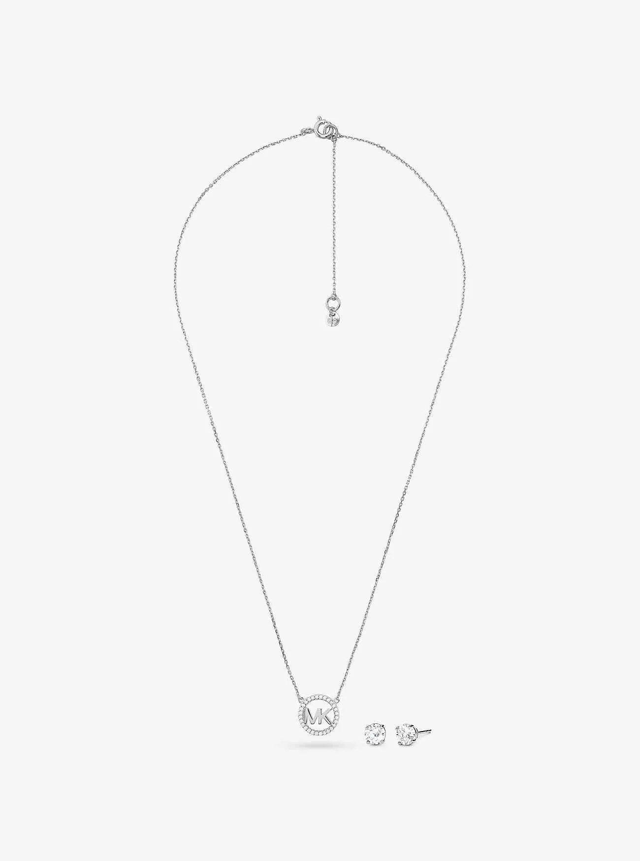 14-karätig rosévergoldetes Sterlingsilber-Pavé-Logo-Charm-Halsketten- und Ohrstecker-Set