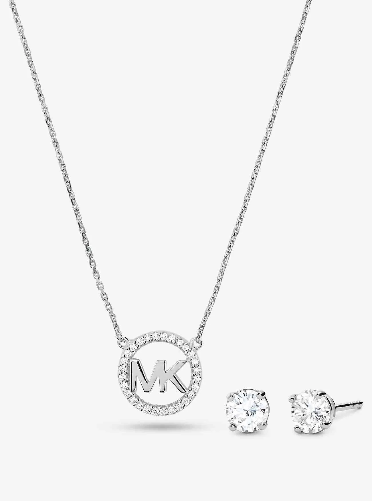 14-karätig rosévergoldetes Sterlingsilber-Pavé-Logo-Charm-Halsketten- und Ohrstecker-Set