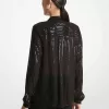 Bluse aus Georgette mit Nadelstreifen und Pailletten und Bindekragen Bluse aus Georgette mit Nadelstreifen und Pailletten und Bindekragen