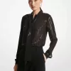 Bluse aus Georgette mit Nadelstreifen und Pailletten und Bindekragen Bluse aus Georgette mit Nadelstreifen und Pailletten und Bindekragen