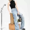 Cargo-Jeans aus Stretch-Denim mit weitem Bein