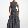 Gesmoktes Georgette-Maxikleid mit Blumendruck
