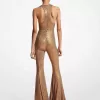 Handbestickter, ausgestellter Jumpsuit aus mattem Stretch-Jersey mit Pailletten Handbestickter, ausgestellter Jumpsuit aus mattem Stretch-Jersey mit Pailletten