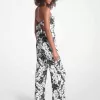Jumpsuit aus Satin mit Palmen-Print und Raffung am Rücken Jumpsuit aus Satin mit Palmen-Print und Raffung am Rücken